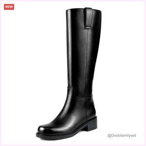 Knee High Riding Boots Women Faux Leather Flat Heel Side Zipper